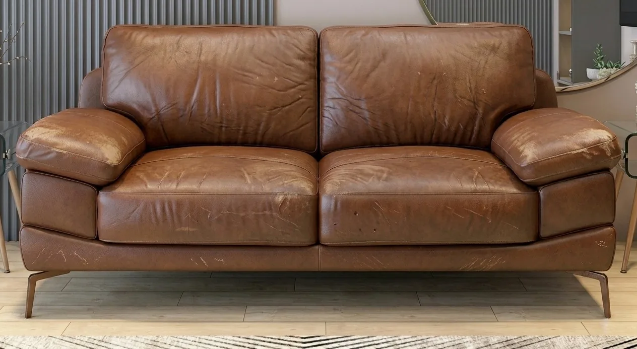 Worn, faded tan leather sofa before restoration